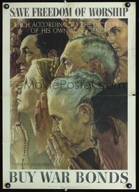 4b110 SAVE FREEDOM OF WORSHIP war poster '43 WWII, Norman Rockwell artwork!
