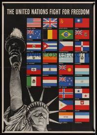 4b113 UNITED NATIONS FIGHT FOR FREEDOM war poster '42 art of Lady Liberty & 30 flags by Broder!