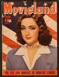 4c123 MOVIELAND magazine July 1943 patroitic portrait of pretty Dorothy Lamour by Tom Kelley!