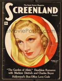 4c085 SCREENLAND magazine October 1936 art of hooded Marlene Dietrich by Marland Stone!