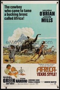 4d018 AFRICA - TEXAS STYLE  1sh '67 art of Hugh O'Brien lassoing zebra by stampeding animals!