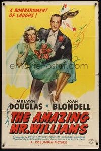 4d038 AMAZING MR. WILLIAMS style B 1sh '39 Melvyn Douglas gets hit with shoe, Joan Blondell!