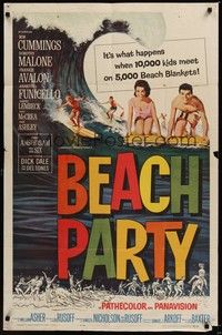 4d078 BEACH PARTY  1sh '63 Frankie Avalon & Annette Funicello riding a wave on surf boards!