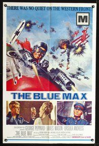 4d118 BLUE MAX  1sh '66 great artwork of WWI fighter pilot George Peppard in airplane!