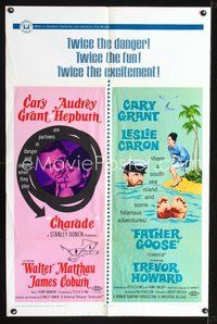 4d184 CHARADE/FATHER GOOSE  1sh '68 Cary Grant, Audrey Hepburn, Leslie Caron!