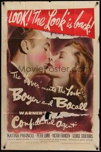 4d211 CONFIDENTIAL AGENT  1sh '45 romantic close-up of Charles Boyer about to kiss Lauren Bacall!