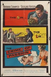 4d219 CRIME OF PASSION  1sh '57 sexy Barbara Stanwyck reaches for gun to shoot Sterling Hayden!