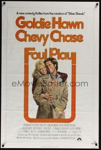 4d345 FOUL PLAY  1sh '78 wacky Lettick art of Goldie Hawn & Chevy Chase, screwball comedy!