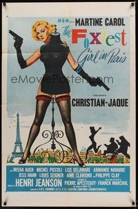 4d347 FOXIEST GIRL IN PARIS  1sh '57 sexy Martine Carol hides behind mannequin w/two pistols!
