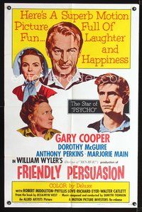 4d352 FRIENDLY PERSUASION  1sh R61 Gary Cooper, Anthony Perkins, William Wyler!