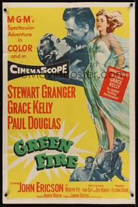 4d387 GREEN FIRE  1sh '54 art of beautiful full-length Grace Kelly & Stewart Granger!