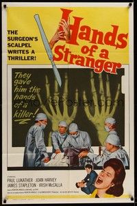 4d399 HANDS OF A STRANGER  1sh '62 cool hand transplant surgery & X-ray image!
