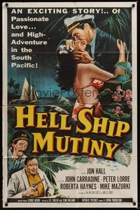 4d415 HELL SHIP MUTINY  1sh '57 Jon Hall kisses tropical bikini babe, John Carradine, Peter Lorre