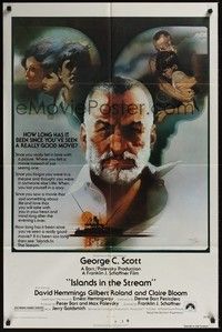4d459 ISLANDS IN THE STREAM  1sh '77 Ernest Hemingway, great Bob Peak art of George C. Scott & cast!