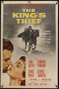 4d476 KING'S THIEF  1sh '55 Ann Blyth romancing Edmund Purdom & art of masked Purdom on horse!