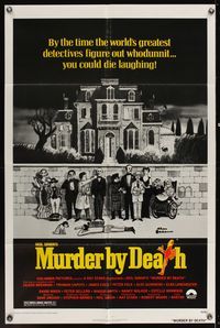 4d547 MURDER BY DEATH  1sh '76 great Charles Addams artwork of cast by dead body & spooky house!
