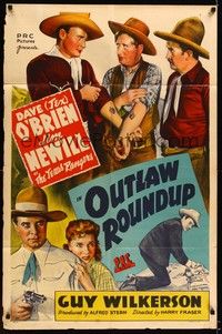 4d610 OUTLAW ROUND-UP  1sh '44 stone litho art of the Texas Rangers, Dave O'Brien & Jim Newill!