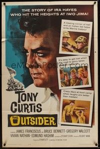 4d614 OUTSIDER  1sh '62 great close up art of Tony Curtis as Ira Hayes of Iwo Jima fame!