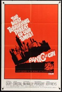 4d620 PANIC IN THE CITY  1sh '68 Howard Duff, cool artwork of city skyline!