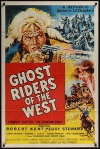 4d633 PHANTOM RIDER  1sh R54 Republic serial, Native American w/gun, Ghost Riders of the West!