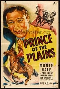 4d652 PRINCE OF THE PLAINS style A 1sh '49 art of cowboy Monte Hale close up & riding his horse!