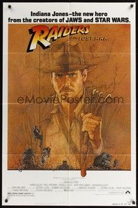 4d667 RAIDERS OF THE LOST ARK  1sh '81 great art of adventurer Harrison Ford by Richard Amsel!