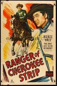 4d671 RANGER OF CHEROKEE STRIP style A 1sh '49 art of cowboy Monte Hale close-up & on horse!
