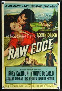 4d675 RAW EDGE  1sh '56 artwork of cowboy Rory Calhoun & sexy Yvonne De Carlo!