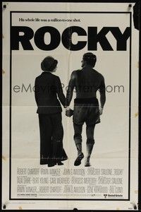 4d711 ROCKY  1sh '77 boxer Sylvester Stallone holding hands with Talia Shire, boxing classic!