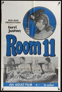 4d715 ROOM 11  1sh '70 x-rated, sexy policewoman Terri Juston with two guys and another girl in bed!