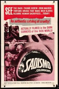 4d724 SADISMO  1sh '67 AIP bizarre sadomasochism, an authentic catalog of cruelty!