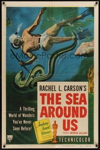 4d744 SEA AROUND US style A 1sh '53 really cool art of diver fighting an eel!