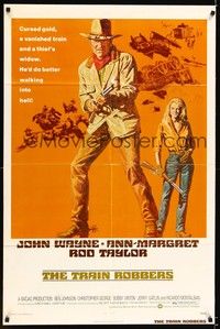 4d907 TRAIN ROBBERS  1sh '73 great full-length art of cowboy John Wayne & sexy Ann-Margret!
