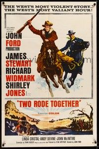 4d924 TWO RODE TOGETHER  1sh '61 John Ford, art of James Stewart & Richard Widmark on horses!