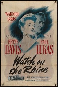 4d955 WATCH ON THE RHINE  1sh '43 close-up artwork of Bette Davis & Paul Lukas!
