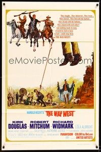 4d956 WAY WEST style B 1sh '67 Kirk Douglas, Robert Mitchum, Widmark, art of frontier justice!