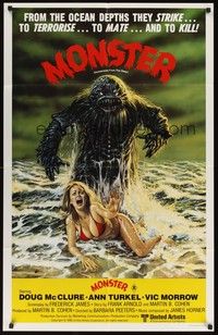 4e539 HUMANOIDS FROM THE DEEP Aust 1sh '80 art of monster looming over sexy girl on beach!