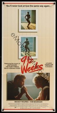 4e567 9 1/2 WEEKS Aust daybill '86 close-up of Mickey Rourke & sexy Kim Basinger, uncut version!