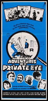 4e570 ADVENTURES OF A PRIVATE EYE Aust daybill '77 Christopher Neil, Suzy Kendall!