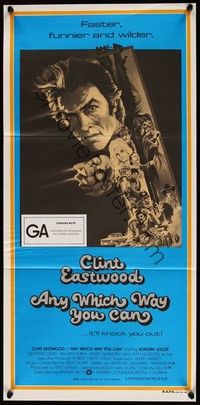 4e586 ANY WHICH WAY YOU CAN Aust daybill '80 cool artwork of Clint Eastwood & Clyde by Bob Peak!