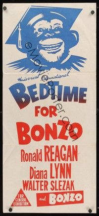 4e598 BEDTIME FOR BONZO Aust daybill R60s Ronald Reagan & Diana Lynn, art of chimpanzee!
