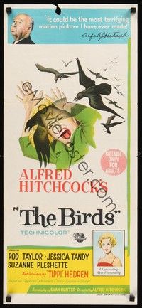 4e604 BIRDS Aust daybill '63 Alfred Hitchcock, art of Tippi Hedren attacked by birds!