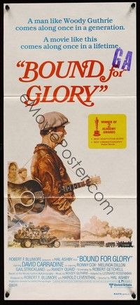 4e613 BOUND FOR GLORY Aust daybill '76 David Carradine as folk singer Woody Guthrie, Tom Jung art!