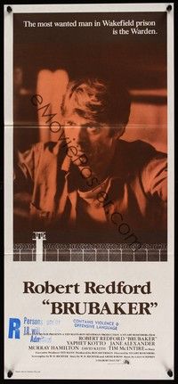 4e622 BRUBAKER Aust daybill '80 warden Robert Redford is the most wanted man in Wakefield prison!