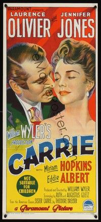 4e629 CARRIE Aust daybill '52 romantic art of Laurence Olivier & Jennifer Jones, William Wyler