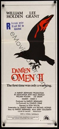 4e655 DAMIEN OMEN II Aust daybill '78 cool art of demonic crow, the first time was only a warning!