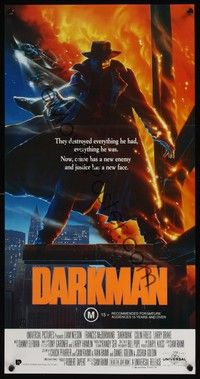 4e658 DARKMAN Aust daybill '90 directed by Sam Raimi, cool Alvin art of masked hero Liam Neeson!