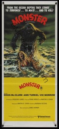4e748 HUMANOIDS FROM THE DEEP Aust daybill '80 art of monster looming over sexy girl on beach!