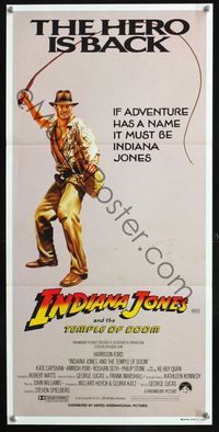 4e753 INDIANA JONES & THE TEMPLE OF DOOM Hero is Back style Aust daybill '84 art of Harrison Ford, the hero is back!