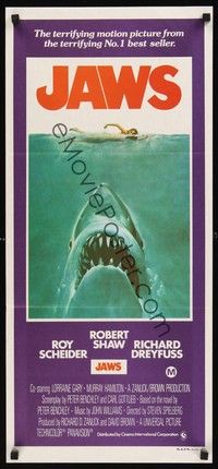 4e759 JAWS Aust daybill '75 Roy Scheider, best art of shark about to eat sexy swimmer!